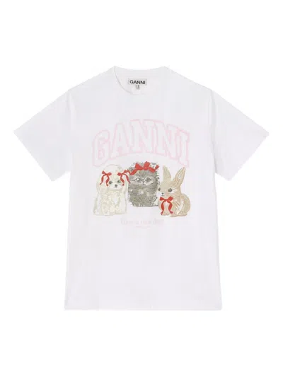 Ganni Graphic Print Crew Neck Short Sleeve Top In White