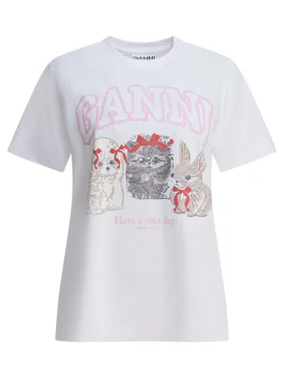 Ganni "cute Animals" T-shirt In Cotton In White
