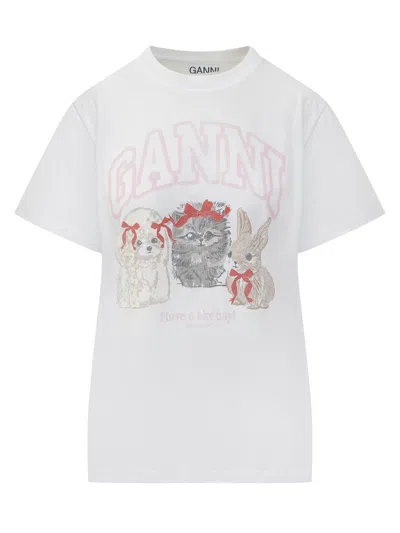 Ganni Cute Animals T-shirt In Bright White