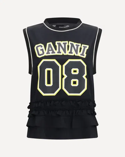 Ganni Cycora Oversized Tank Top With Ruffled Hem In Black