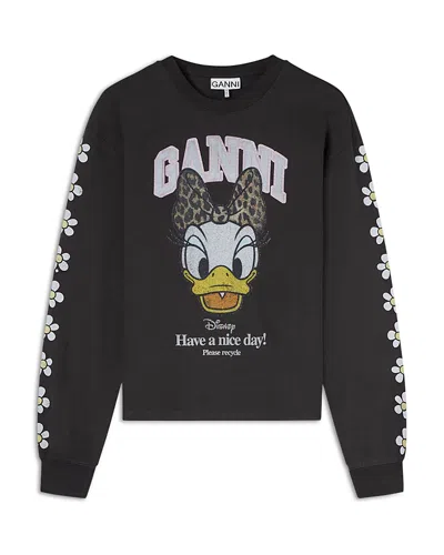 Ganni Daisy Duck Graphic Long Sleeve Tee In Black