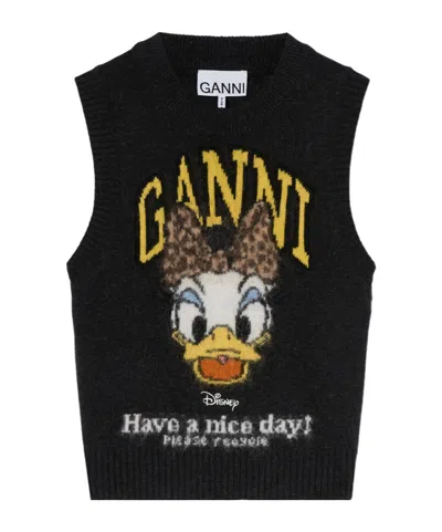 Ganni Daisy Duck Graphic Wool Vest In Phantom Black