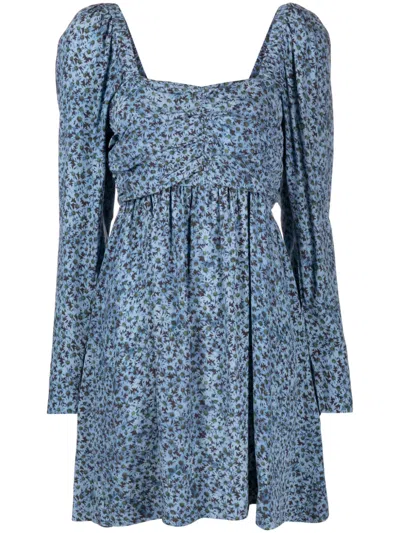 Ganni Daisy-print Crepe Minidress In Blau