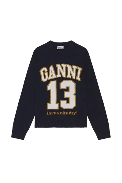GANNI GANNI DARK BLUE GRAPHIC WOOL MIX BASEBALL JUMPER