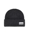 Ganni Logo Ribbed Wool-blend Beanie In Grey