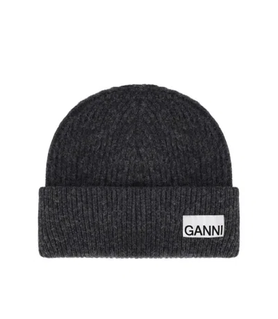 Ganni Dark Grey Ribbed Beanie In Gray