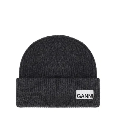 Ganni Dark Grey Ribbed Beanie In Gray