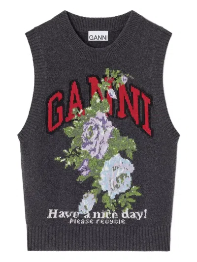 Ganni Wool Floral-print Sleeveless Crewneck Vest In Gray