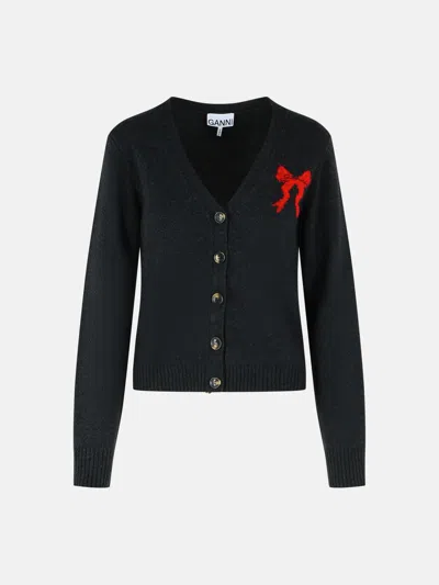 Ganni Dark Grey Wool Blend Cardigan In Black