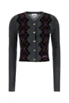 Ganni Grey Cropped Cardigan Wih V Neck And Checkmotif On The Front