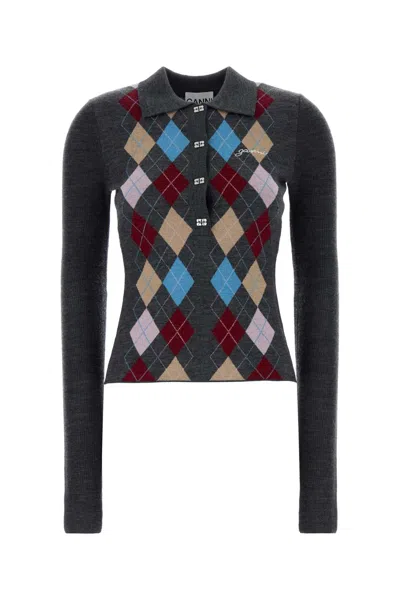 GANNI GANNI DARK GREY WOOL POLO SHIRT
