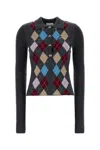 Ganni Long-sleeved Polo Shirt With Argyle Pattern In Gray