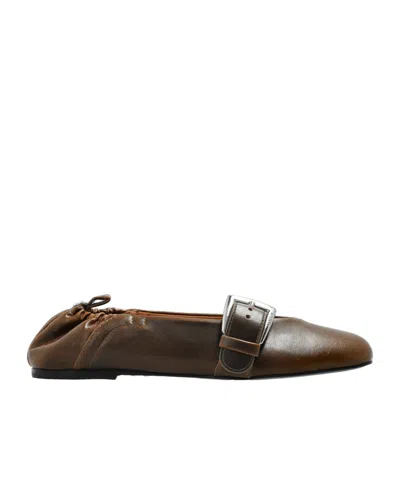 Ganni Dark-olive Buckle Strap Ballerinas In Brown