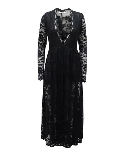 Ganni Deep Neckline Lace Midi Dress In Black Polyamide Blend