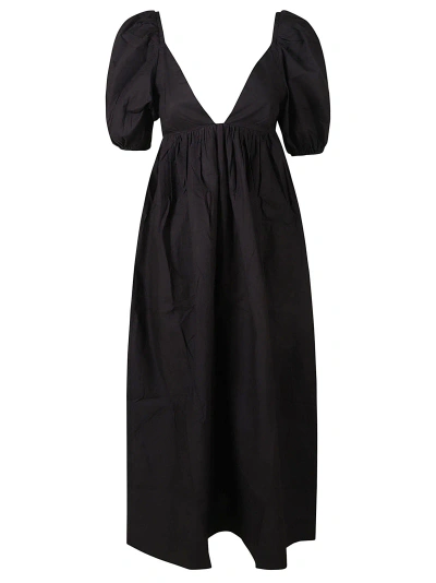 Ganni Deep V-neck Balloon-sleeve Dress In Black