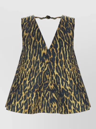 Ganni Deep V Neck Sleeveless Animal Print Top In Brown