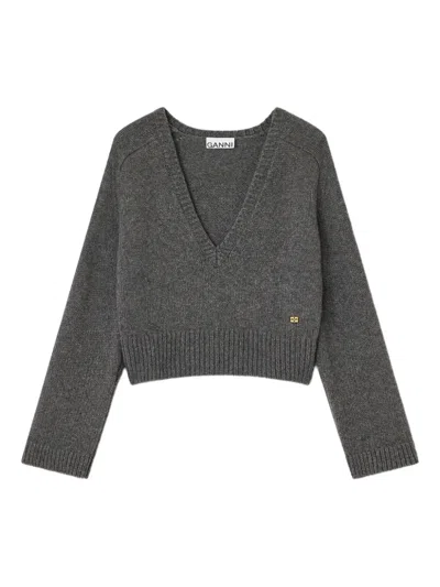 Ganni Wool Yak Mix Deep V-neck Top In Gray