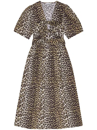Ganni Deep V-neck Mini Dress With Front Bow Detail In Brown