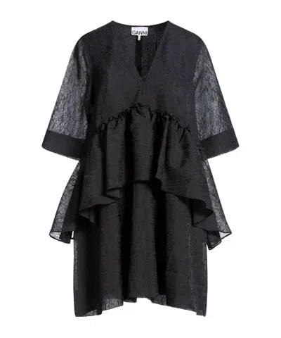 Ganni Deep V-neck Short-sleeve Pleated Flared Skirt In Black