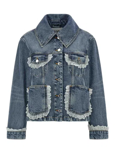 Ganni Denim And Lace Jacket In Blue