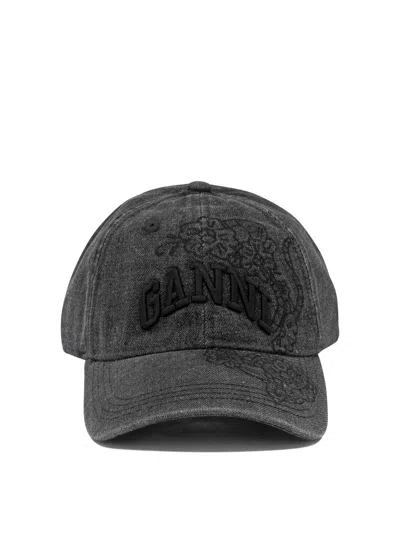 Ganni Denim Baseball Cap In Black