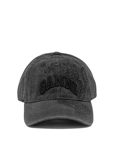Ganni Denim Baseball Cap In Black