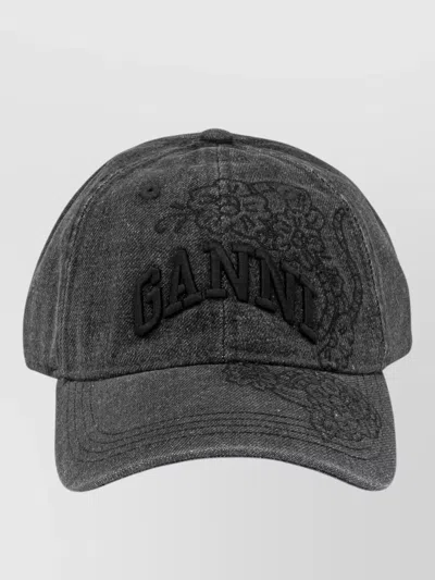 Ganni Denim Baseball Cap Curved Brim Floral Embroidery