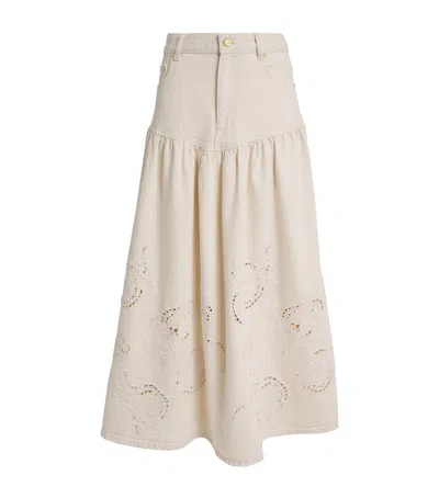 Ganni Denim Broderie Anglaise Midi Skirt In White