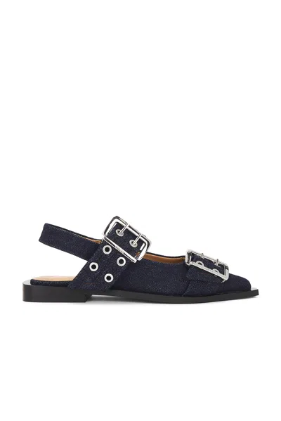 Ganni Buckled Eyelet-embellished Recycled Denim Ballet Flats In Blue