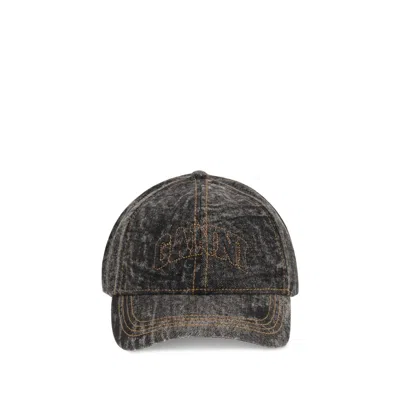 Ganni Denim Cotton Washed Cap In Black