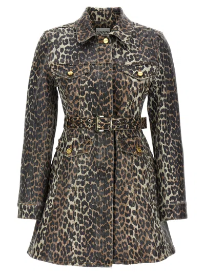 Ganni Leopard Denim Dress In Multicolor