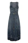 Ganni Blue Light Denim Belt Midi Dress In Navy