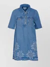 Ganni Denim Dress With Embroidered Hem And Pockets
