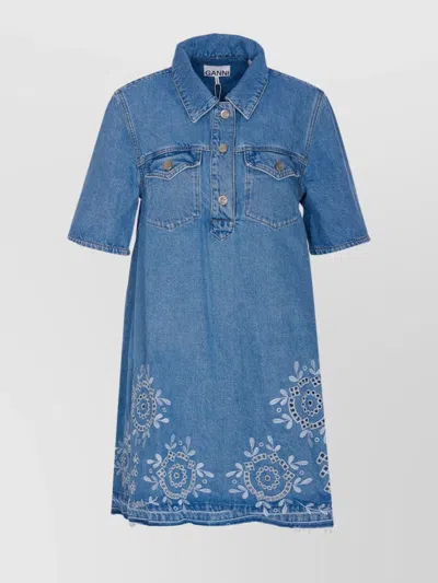 GANNI DENIM DRESS WITH EMBROIDERED HEM AND POCKETS