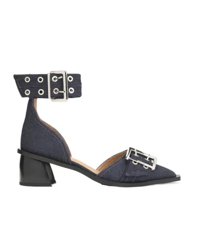 Ganni Denim Feminine Buckle Open Cut Pumps
