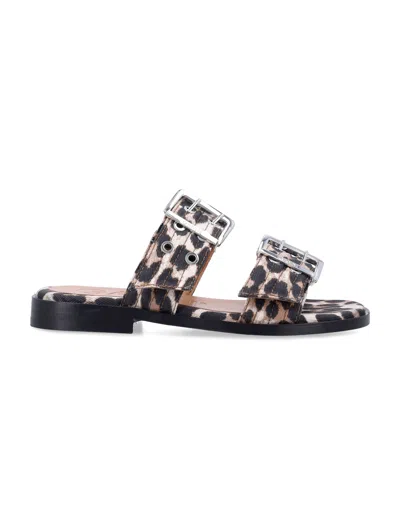 Ganni Denim Feminine Buckle Two-strap Sandals In Black