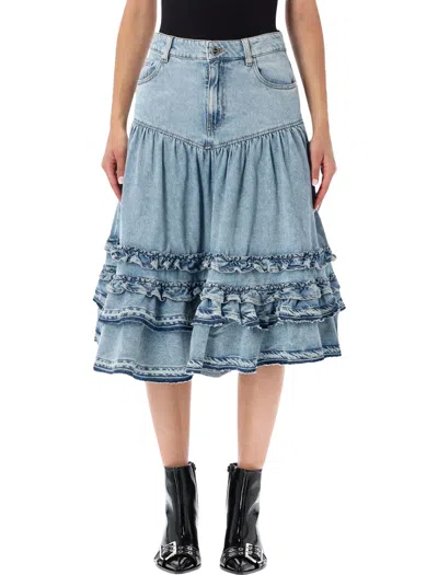 Ganni Denim Frill Midi Skirt In Blue