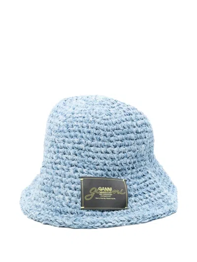 Ganni Denim Handknit Bucket Hat In Blue