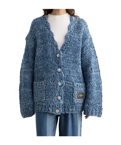 Ganni Denim Handknit Cardigan In Blue
