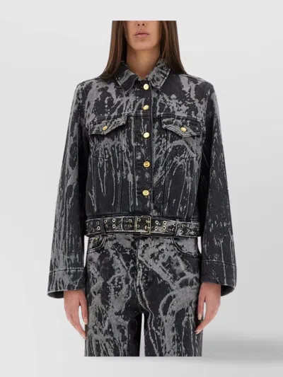 Ganni Denim Jacket With Belted Waist And Chest Pockets In Black