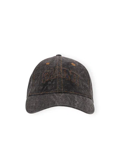 Ganni Denim Logo Embroidered Washed Baseball Hat In Black