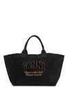 Ganni Denim Logo Tote Bag With 9 In Black