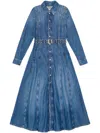 Ganni Blue Long Dress With Adjustable And Removable Waist Belt In Cotton Blend Woman In Blue