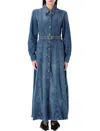 Ganni Blue Long Dress With Adjustable And Removable Waist Belt In Cotton Blend Woman In Mid Blue