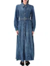 Ganni Blue Long Dress With Adjustable And Removable Waist Belt In Mid Blue