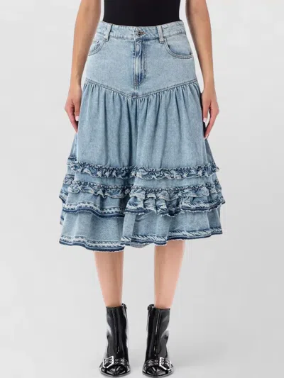 Ganni Denim Midi Skirt High Waist Frill In Blue