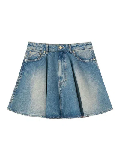Ganni Denim Miniskirt With A Washed-out Effect In Blue