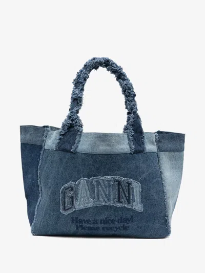 Ganni Denim Patchwork Tote Bag With Front Logo & Internal Zip Pocket In Blu