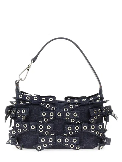 Ganni Denim Small Bow Eyelet Butterfly Pouch Bag In Navy