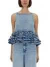 Ganni Ruffle Strap Back Sleeveless Top In Blue